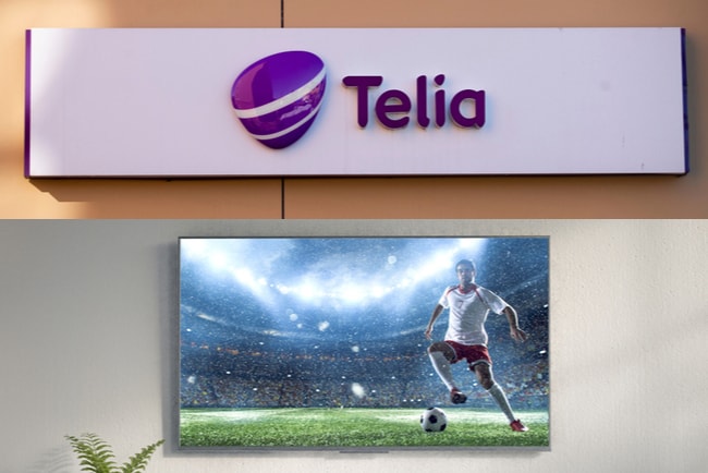 skylt med telias logotyp och en teve-skärm som visar en fotbollsspelare skjuta mot mål