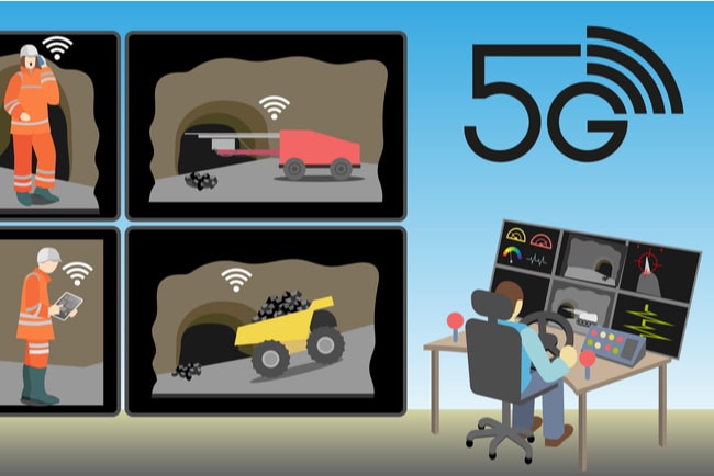 tecknad bild på gruvarbetare som använder 5G-enheter och maskiner som körs på distans