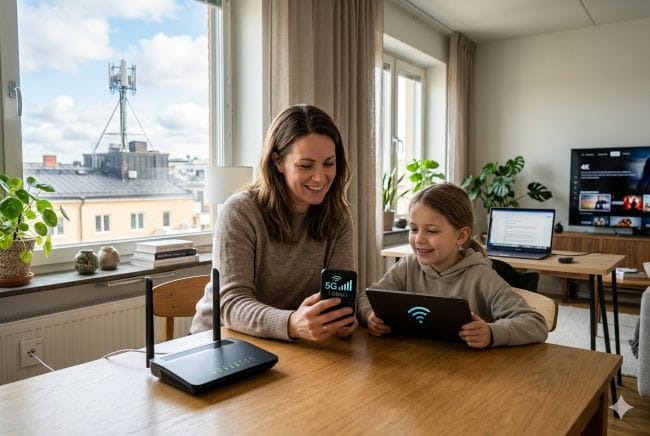 Kvinna och barn sitter vid bord med, router, laptop och mobil.
